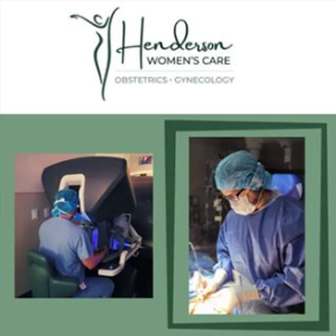 Henderson Women's Care logo on graphic with doctors working on patients