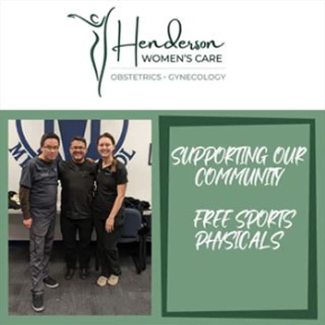 Henderson Women's Care logo on graphic with practice doctors and staff